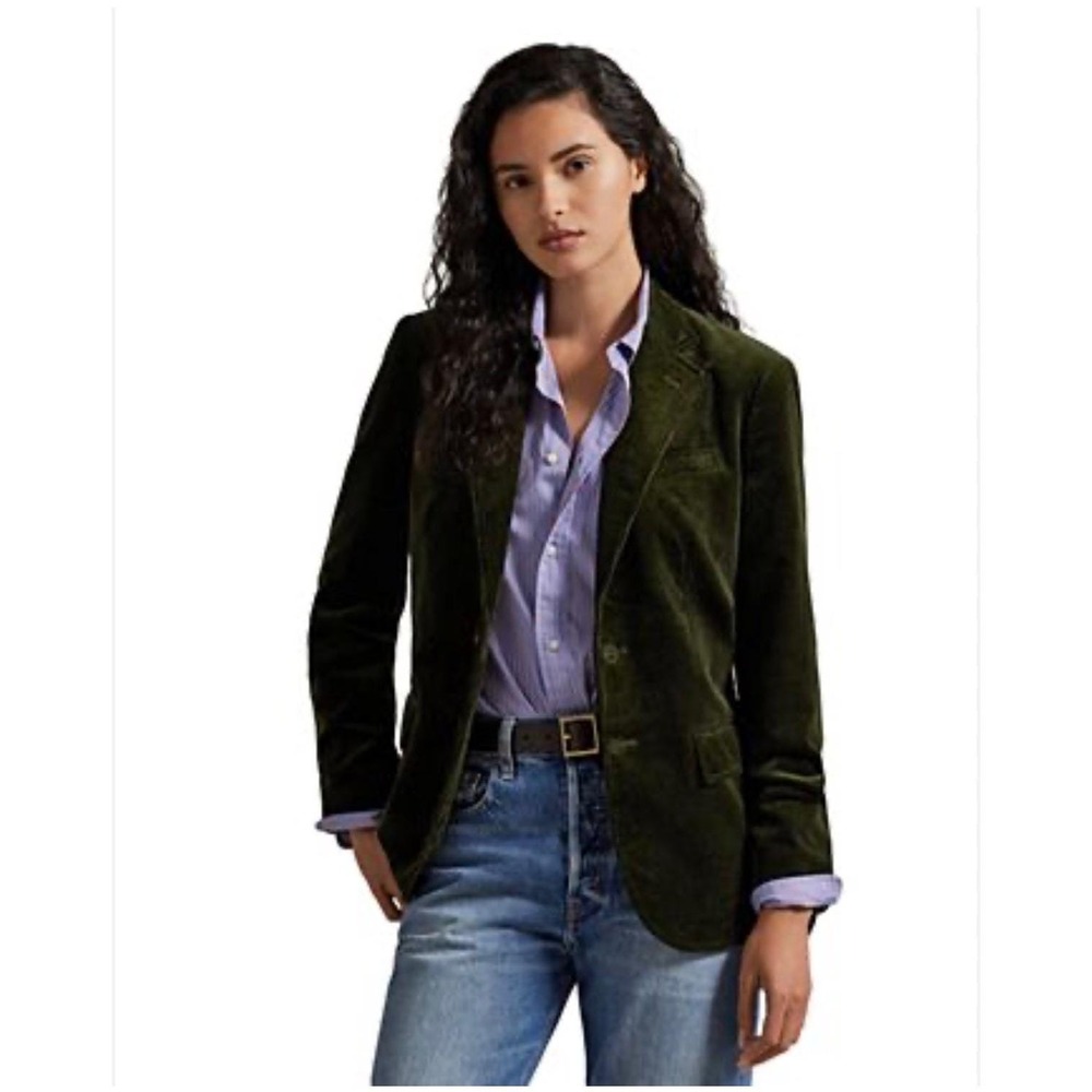 Lauren Ralph Lauren Women's Green Corduroy Blazer Jacket Siz 0 Lined Chain Print